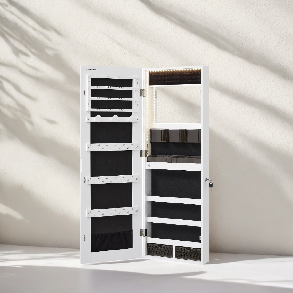 Temu Songmics Armadietto Portagioie Da Parete, Organizer Con Luci A Led, Armadio Di Stoccaggio, Con Specchio Senza Cornice, Specchio Da Trucco