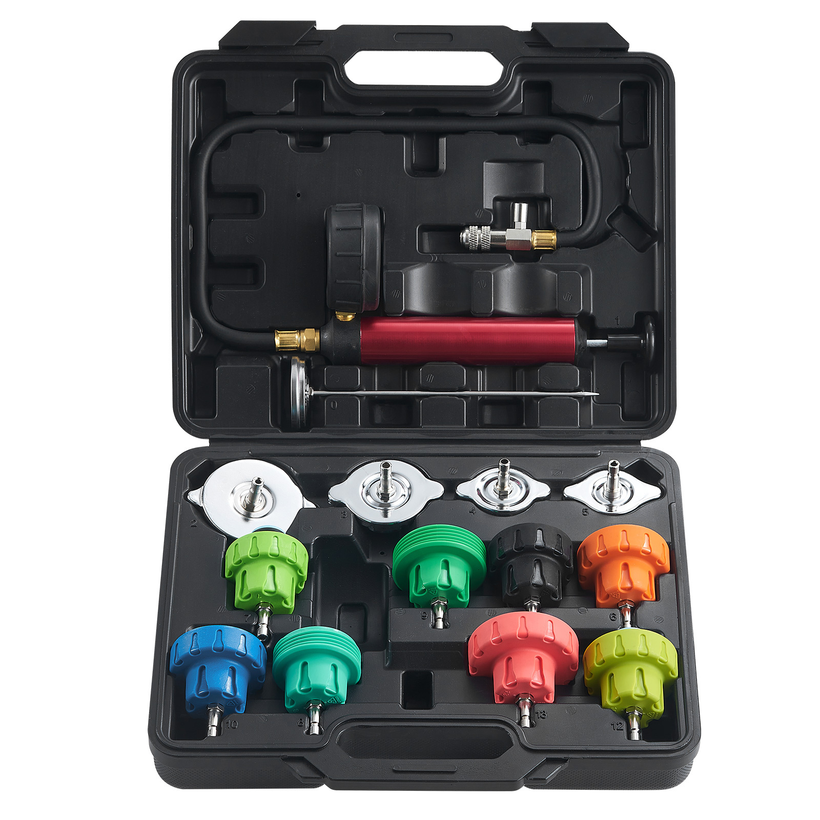 Image of Vevor 14pcs Universal Radiator Pressure Tester Kit, Coolant Pressure Tester Kit With Manual Pump And Color-coded Steel Test Cap Adapters, With Toolbox, For Cars Motorcycles Trucks Cooling System