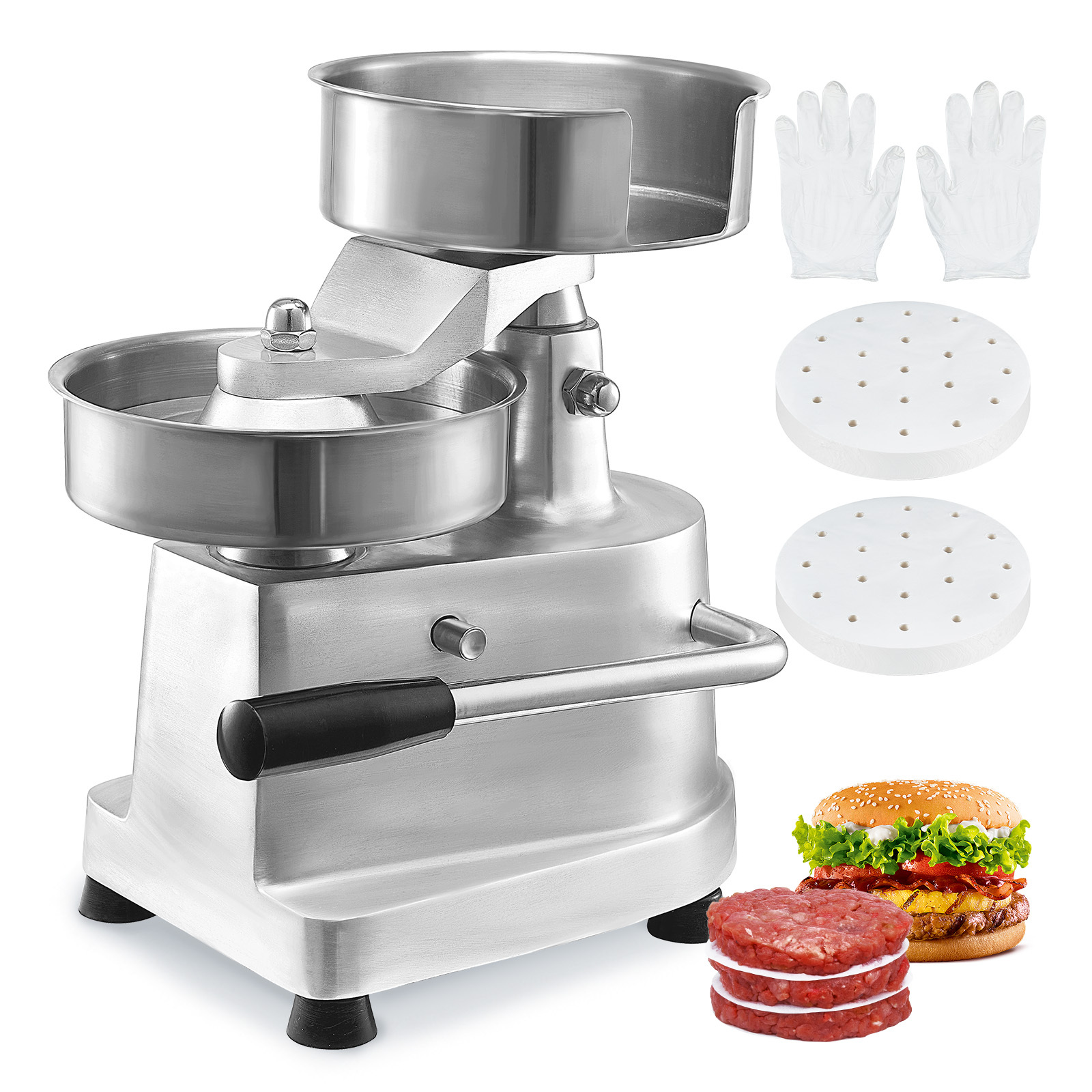 Image of Vevor Commercial Burger Patty Maker, 150mm/6inch Hamburger Beef Patty Maker, Heavy Duty Food-grade Stainless Steel Bowl Burger Press Machine, Kitchen Meat Processor With 1000 Pcs Patty Papers