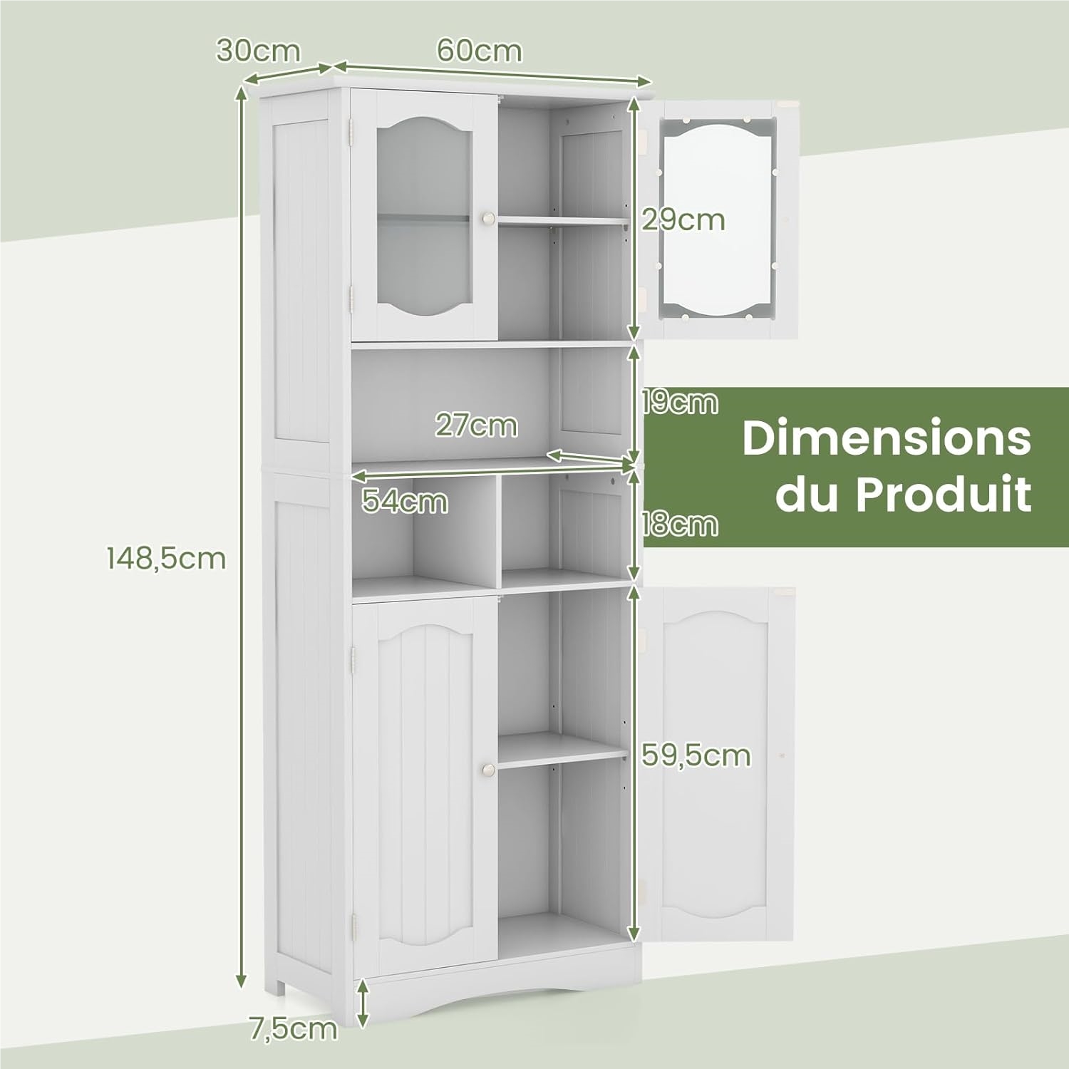 4 door bathroom cabinet with 3 open compartments tall cabinet with frosted glass door bathroom column for living room kitchen 30 x 60 x 148 5 cm white adjustable shelves anti tip devices waterproof surface modern  