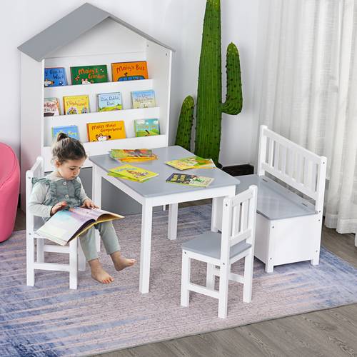 4pcs kids table and chair set with 2 wooden chairs 1 storage bench and
