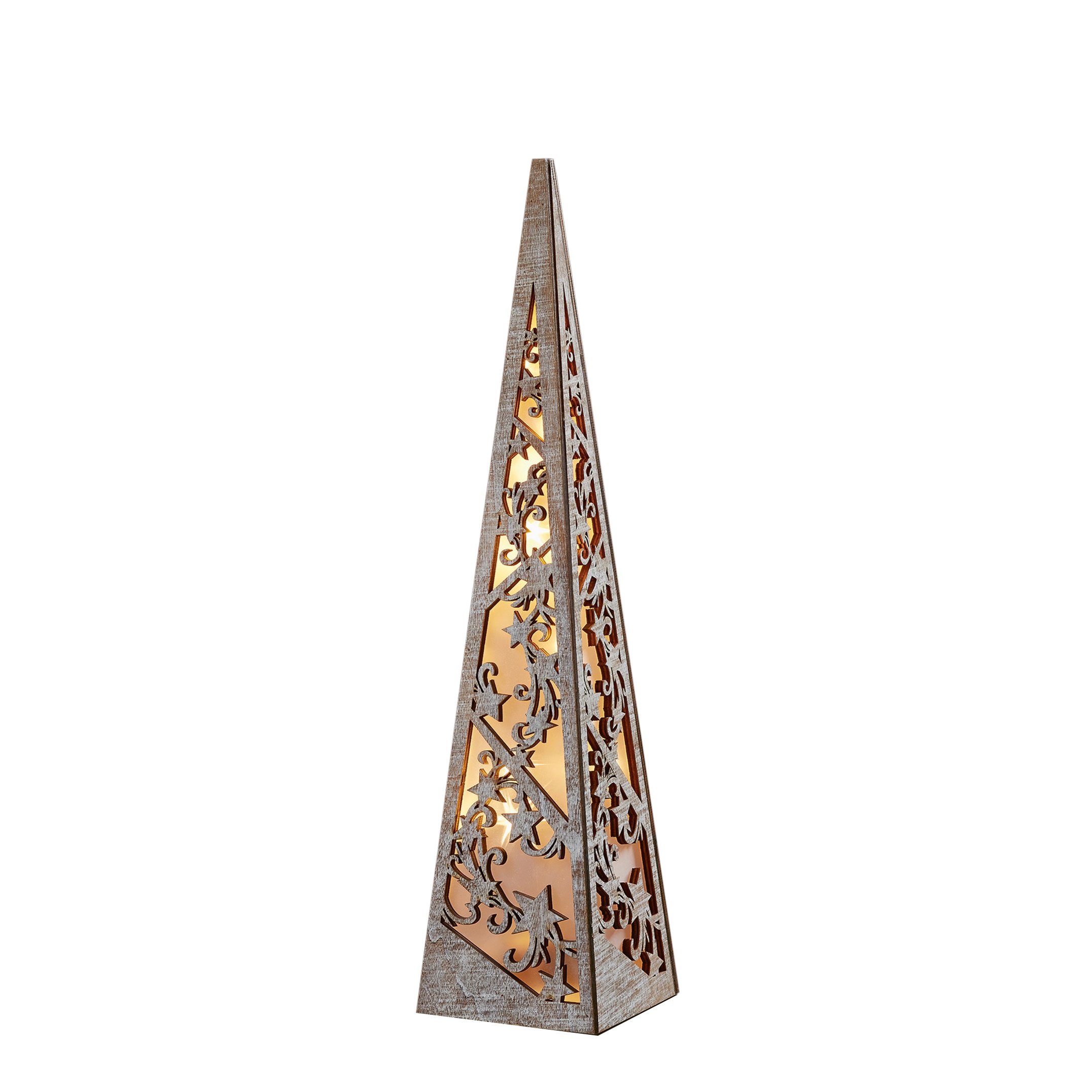 E-shop Hellum LED Pyramide mit timer, Holzpyramide, weiß gebeizt, 8 warm-weiße LED, H:45cm, batteriebetrieben (3xAA, nicht inkl.!) Deko Wohnzimmer