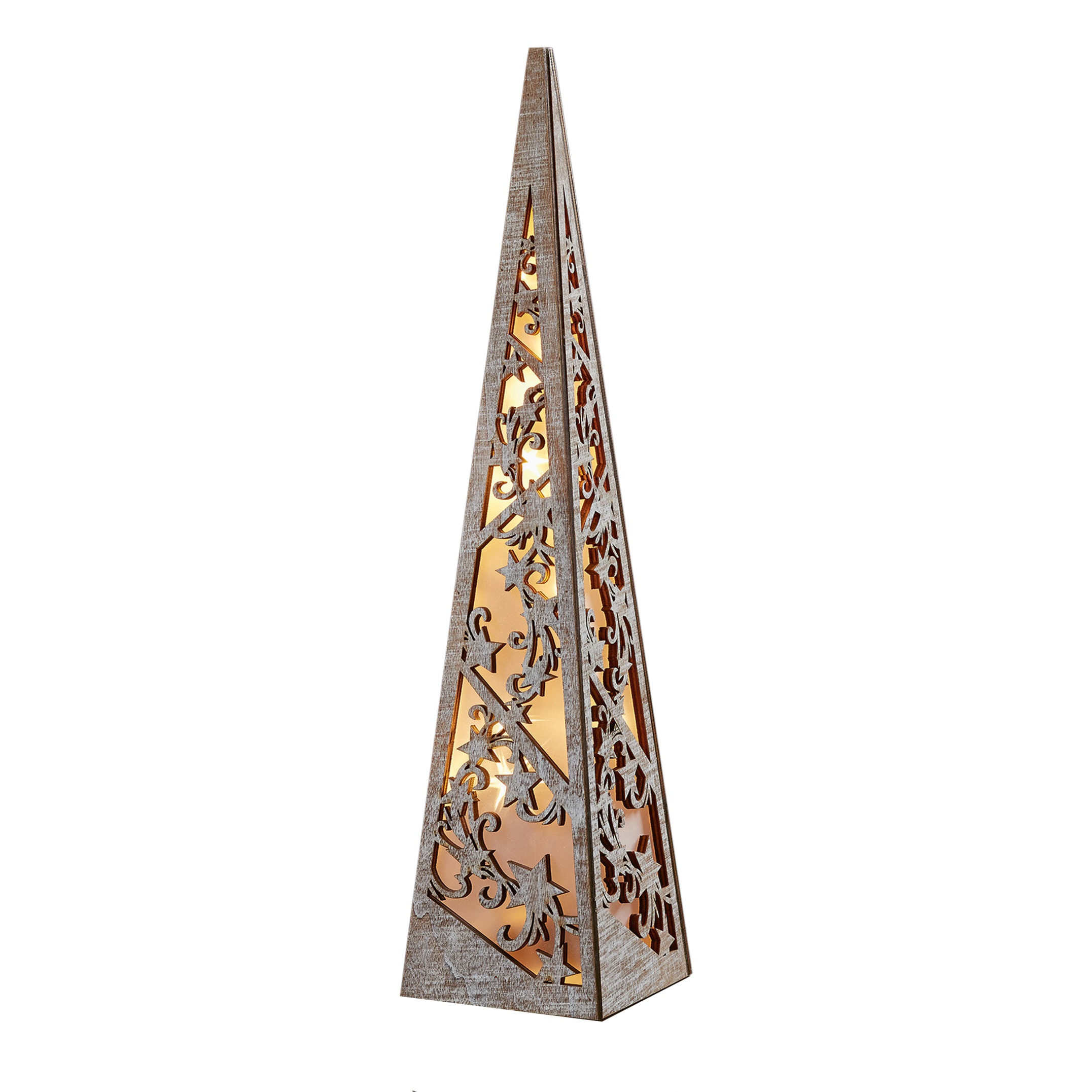 Hellum Led Pyramid With Timer, Wooden Pyramid, White Stained, 10 Warm-white Leds, H:57cm, Battery Operated (3xaa Not Included) Decoration, Window Decoration Christmas Winter For Indoor 522228