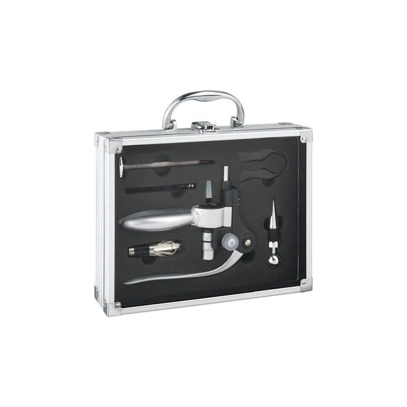 TEMU Sommelier 6 Pieces - Stainless Steel Corkscrew, Thermometer, Stoppers - Aluminum Suitcase - Professional Accessory Set - 27.50 X 21.5 X 7 Cm