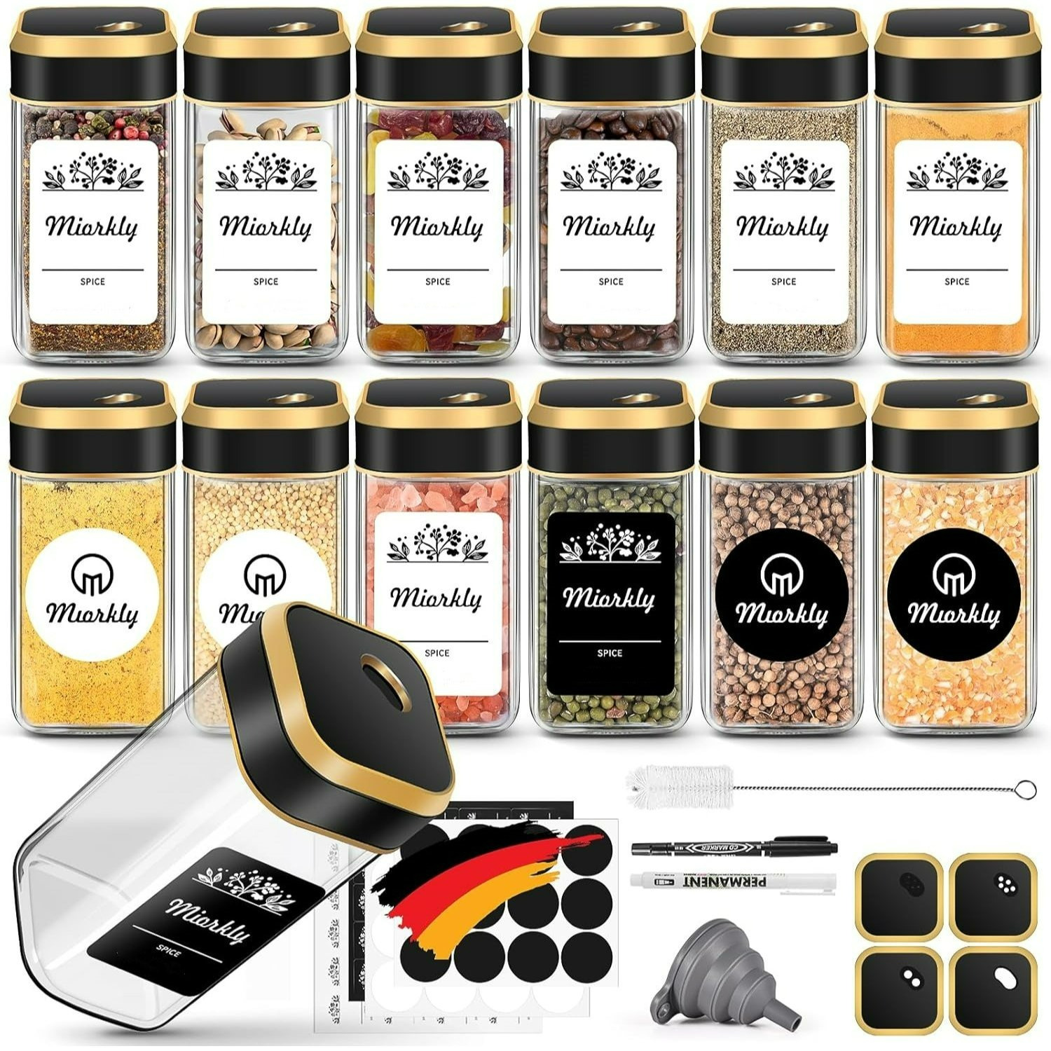 

Square Spice Jars 12-pack With Labels & Shaker Insert, Spice Dispenser Glass With Golden Airtight Lid - Spice Storage & Organizer Set 120ml Spice Container