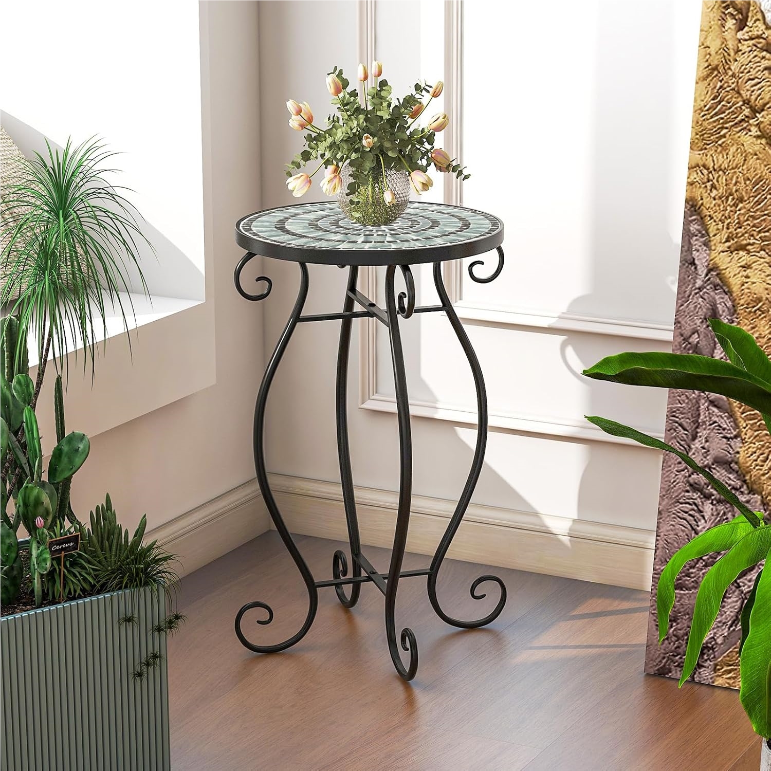 Round Mosaic Side Table, Mosaic Garden Table Bistro Table, ∅30 X 50 Cm, Metal & Ceramic Balcony Table, Flower Stool For Balcony