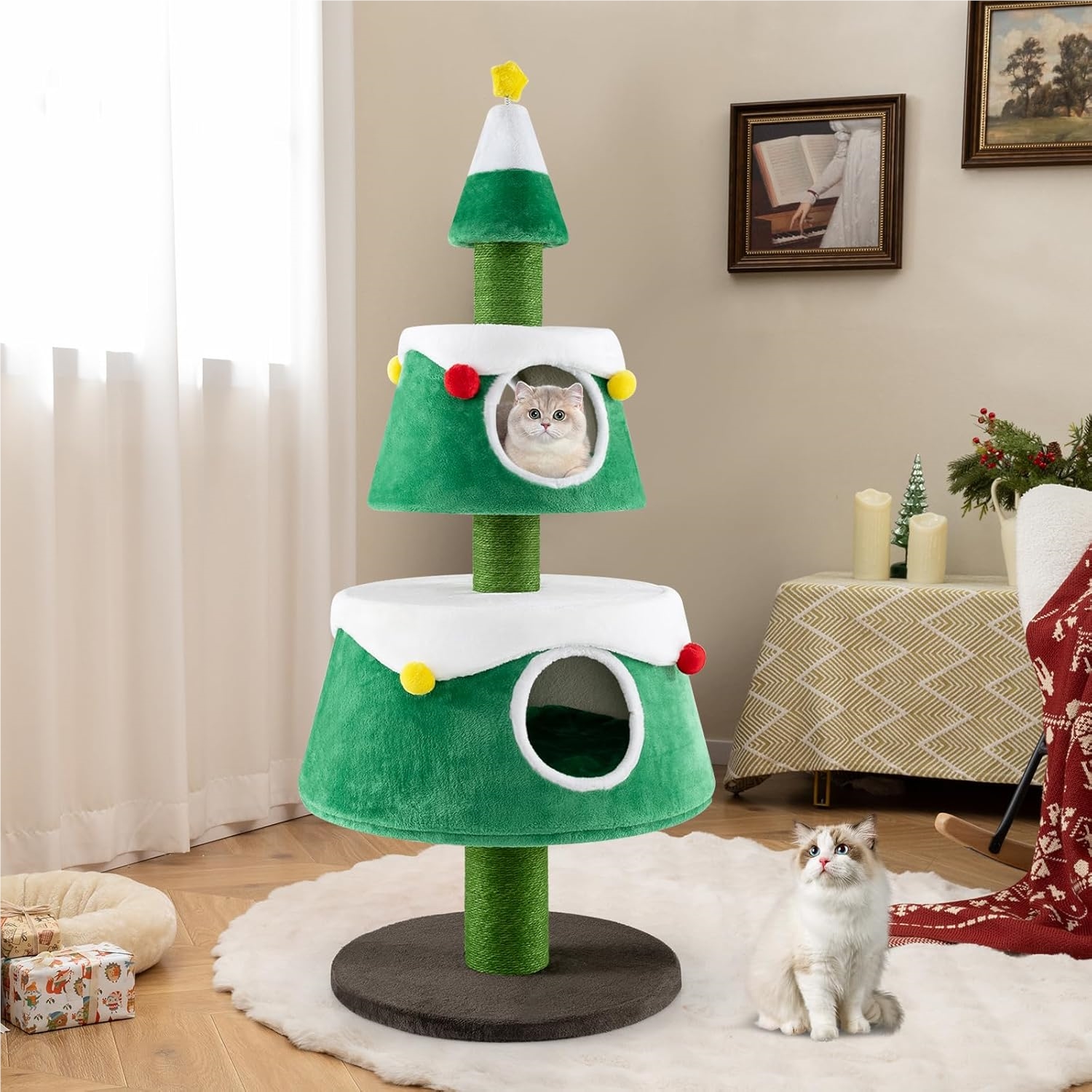 Scratching Tree For Christmas, Tree With 2 Cat Caves & Sisal Scratching Posts & Toys & Plush Cushions, Cat Furniture Christmas Tree Indoor, Cat Scratching Tree, 59 X 153 Cm, Green