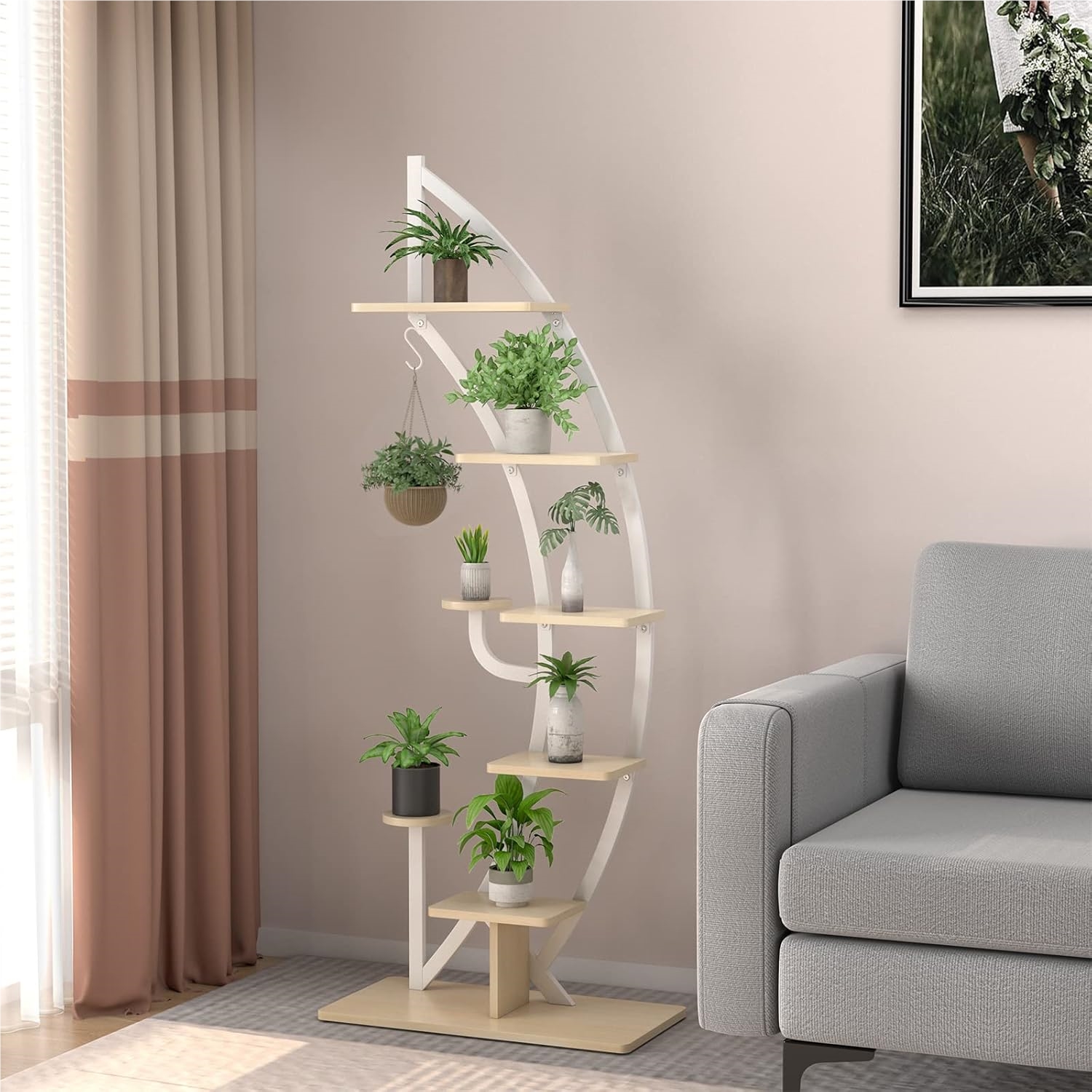 Image of 6-step Metal Plant Stand In Half-moon Shape, Flower Shelf With 2 Small Shelves & Top Hook, Ladder Plant Shelf With Tip Protection, Flower Pot Stand For Garden, Balcony, Living Room, White