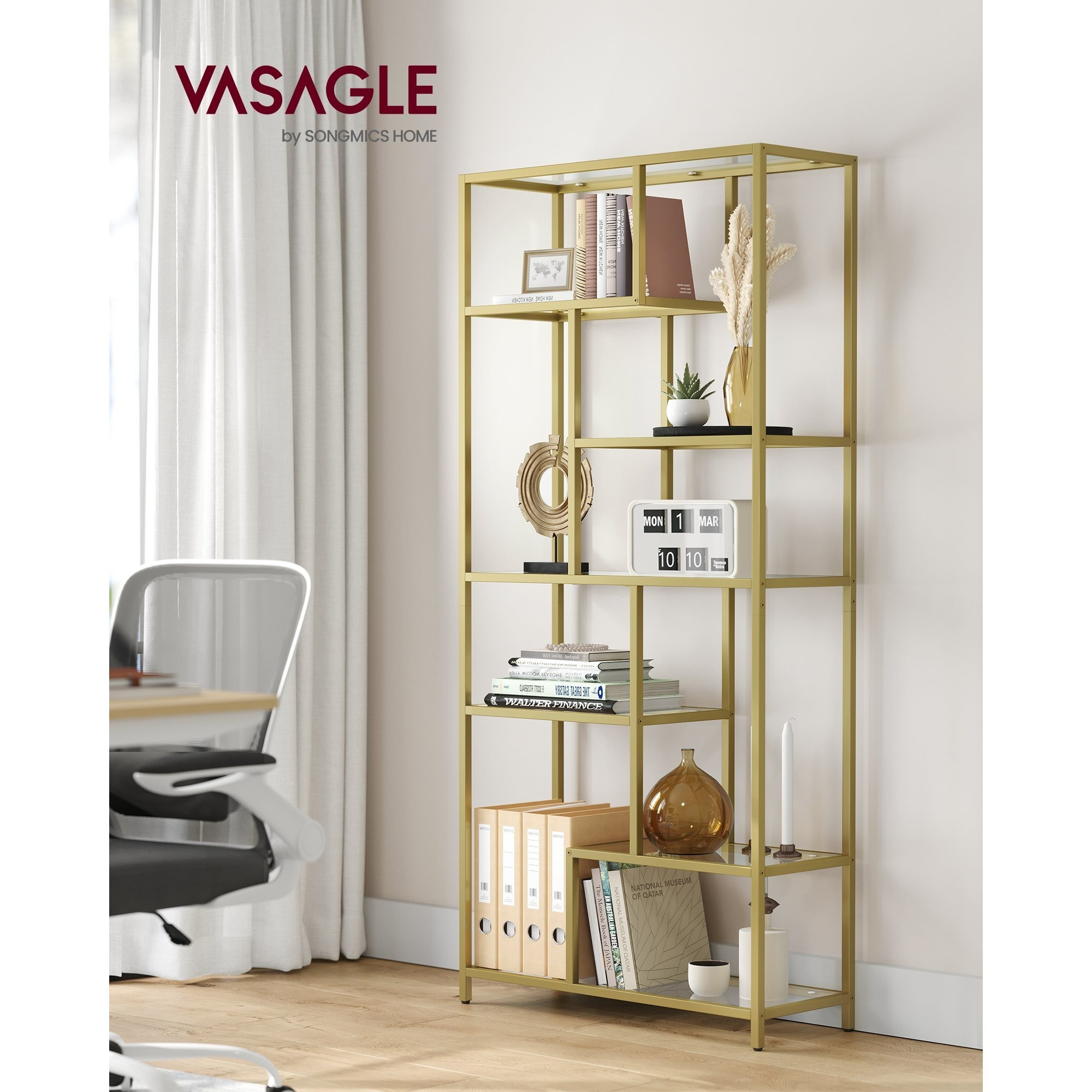 TEMU Vasagle Bookshelf, 6-tier Tall Bookcase, Plant Stand, Display Shelf, 30 X 80 X 180 Cm, Tempered Glass, For Study Room, Office, Living Room,