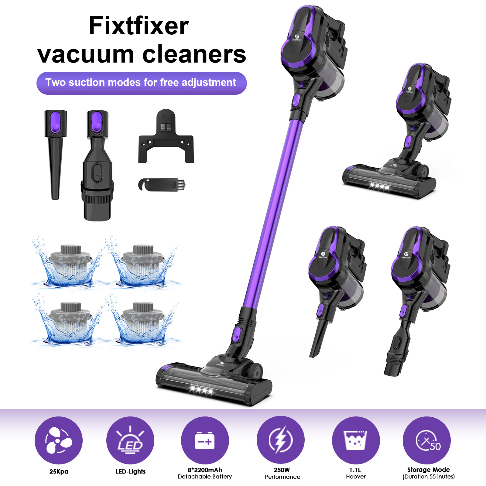 

Fixtfixer 250w/25kpa 6-in-1 Cordless Vacuum Cleaner, 4*hepa, Long- Battery, Cordless Vacuum Cleaner Up To 55 Minutes, Lightweight Vacuum Cleaner For Car/pet Hair/hard Floors