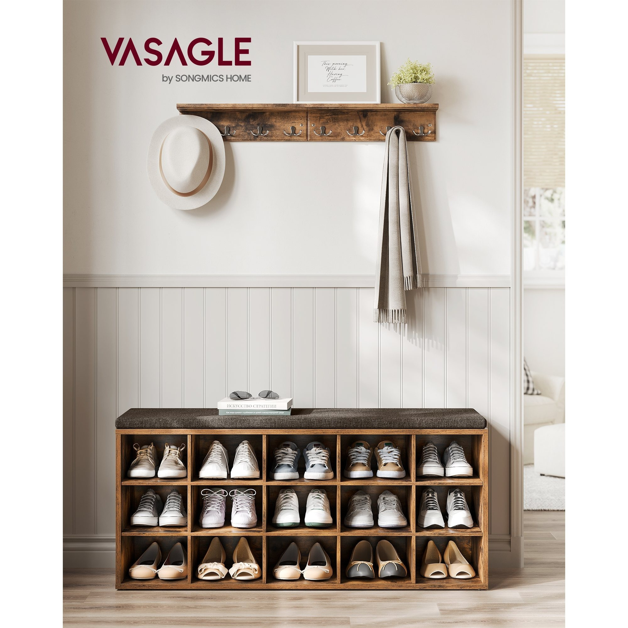 TEMU Vasagle Shoe Bench, Bench, Shoe Rack With Seat, With Cushion And 15 Compartments, Storage Rack, For Hallway, Load Capacity Up To 200 Kg,