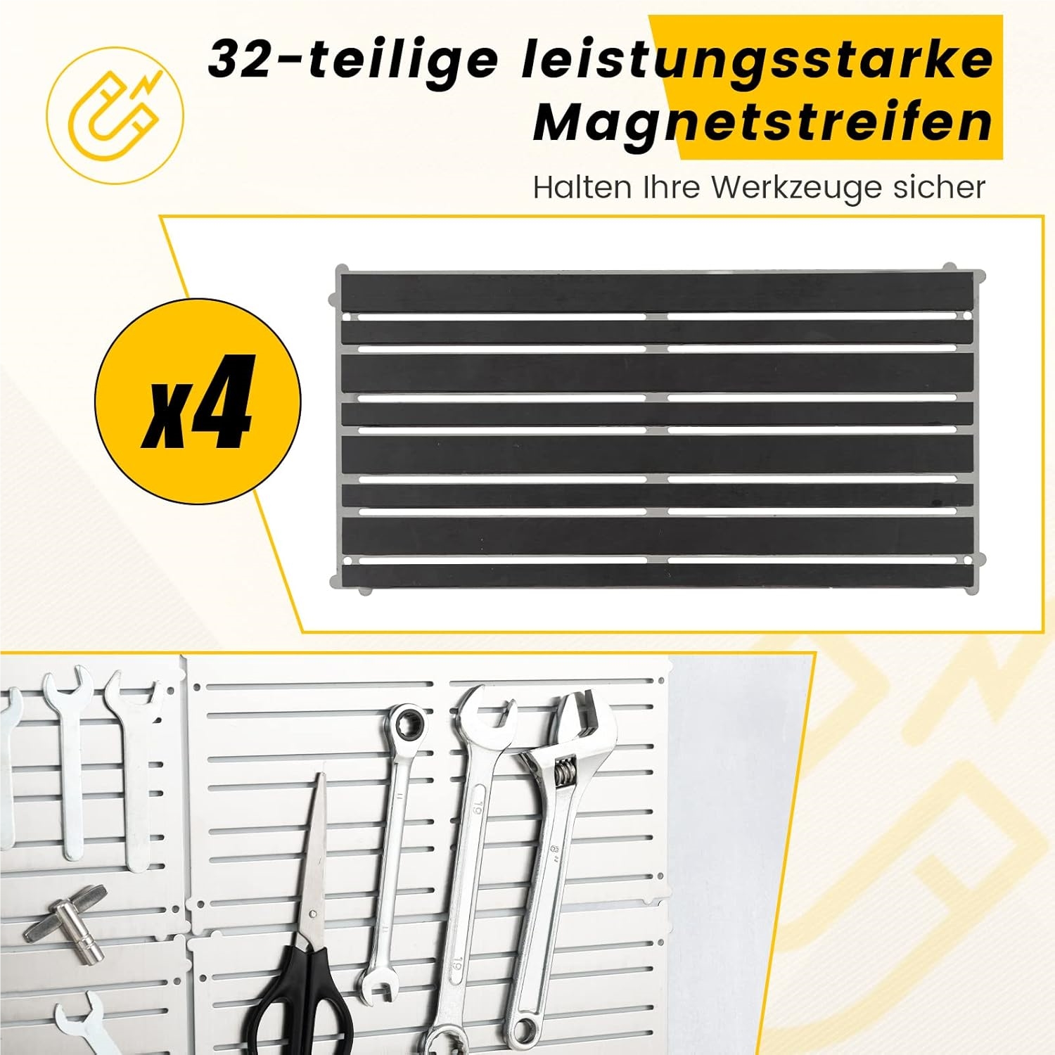 Magnetic Tool Holder Wall, 4 Tool Plates | Magnetic Strips | 60x30cm, Tool Organizer For Workshop, Magnetic Tool Holder, Silver