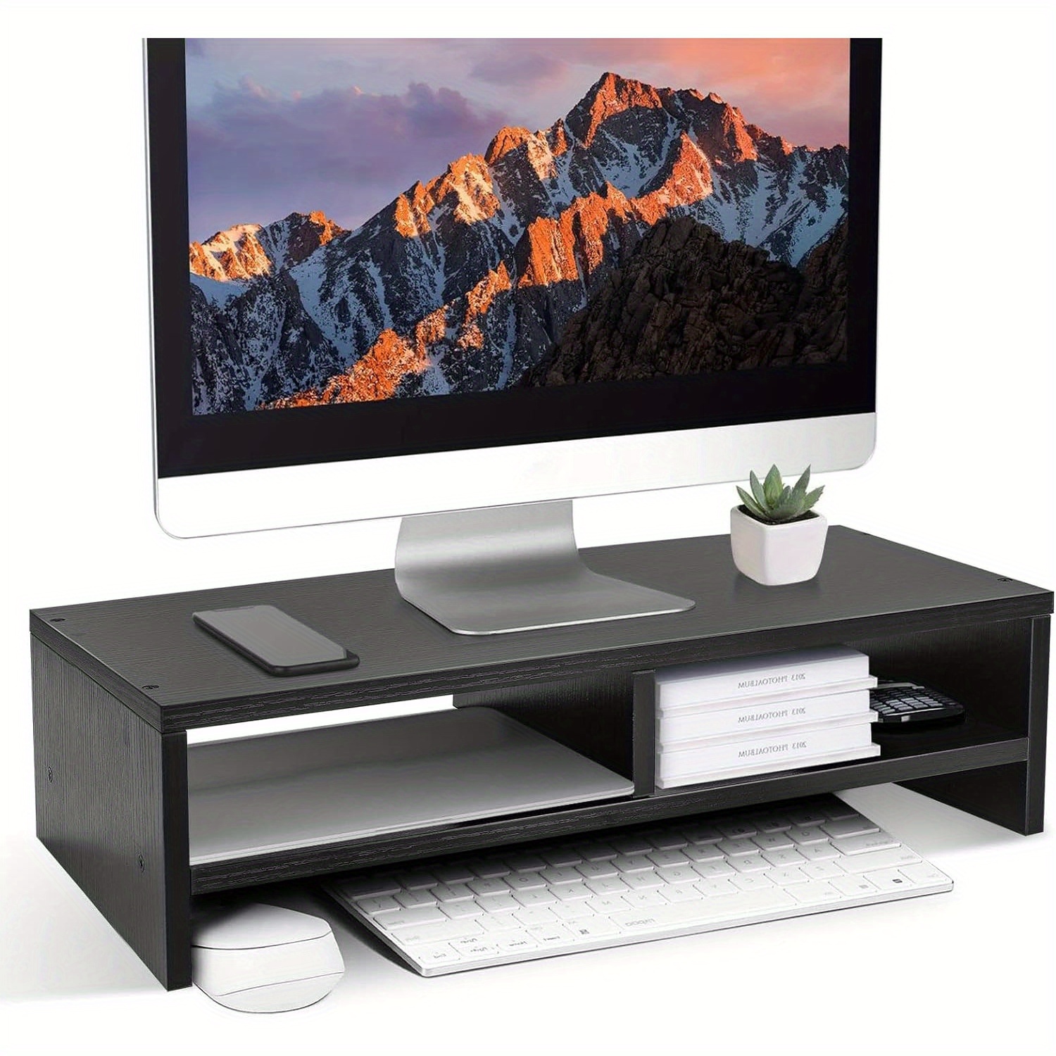 TEMU Wood Monitor Stand Riser Monitor Stand 2 Tiers Computer Monitor Riser Computer Stand Laptop Stand With Storage Shelf For Home And Office Black