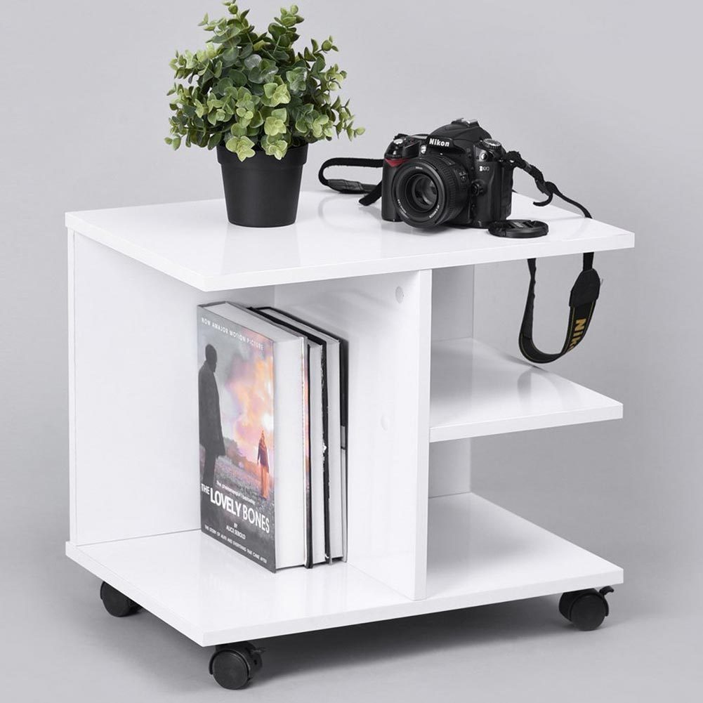 Bakaji Coffee Table With Wheels, Multifunctional Living Room Table, Tv And Magazine Holder Sofa Table, Practical Wooden Nightstand With Anti-scratch White Wheels