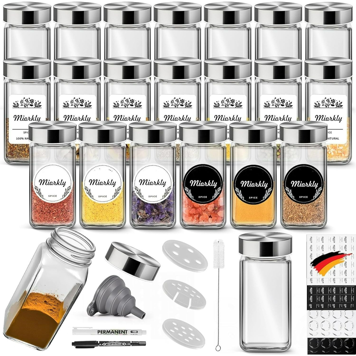 

Square With Applicator Insert, With 120ml Stainless Steel Lid, Set Of 24 Spice Jars, Spice Shaker With Applicator Top, Funnel, Labels And Chalks, Kitchen Organizer