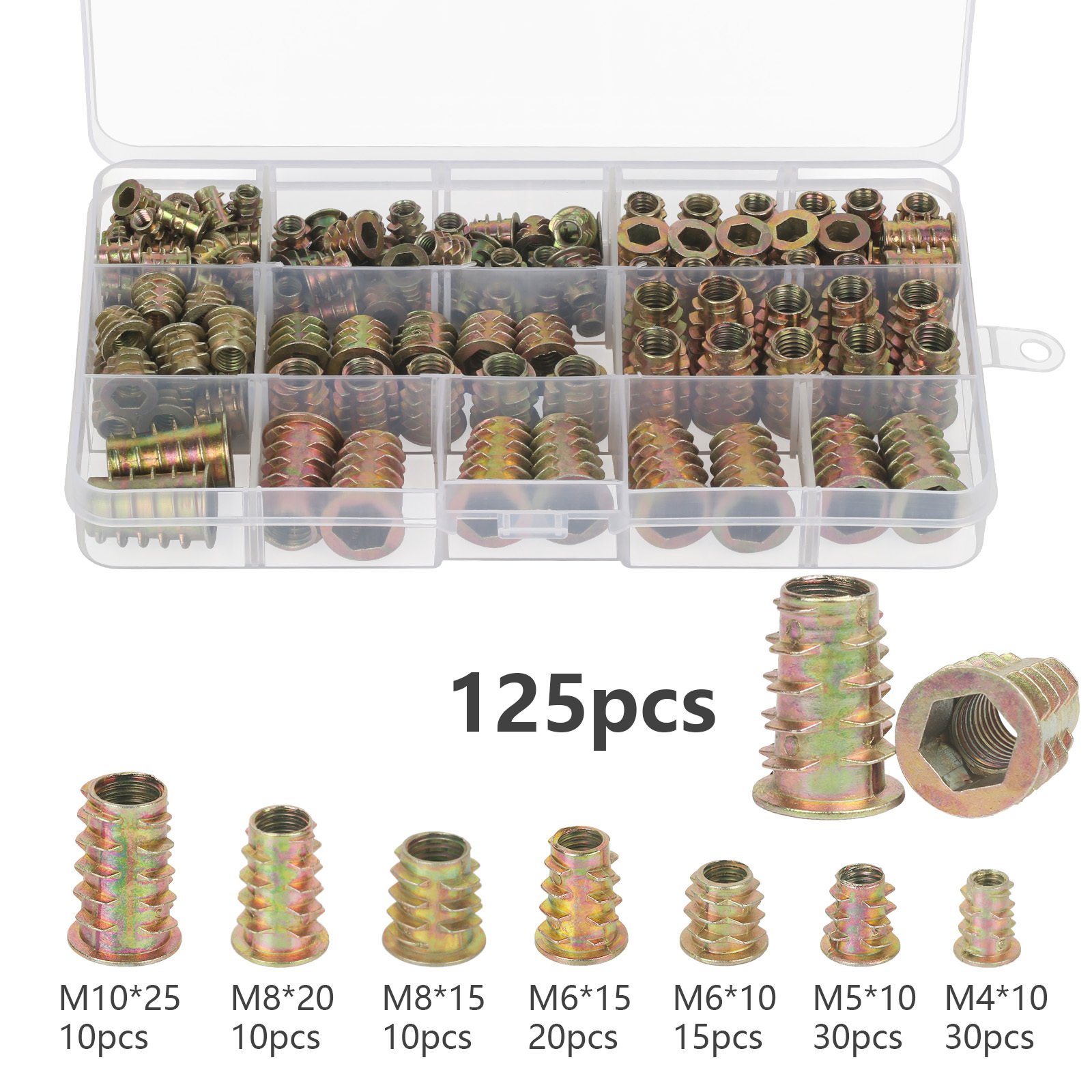 TEMU 125pcs Screw Nut Set Thread Insert Nuts M4 M5 M6 M8 M10 Drive Nut Furniture Hex Drive Head Nut Thread Alloy Tool