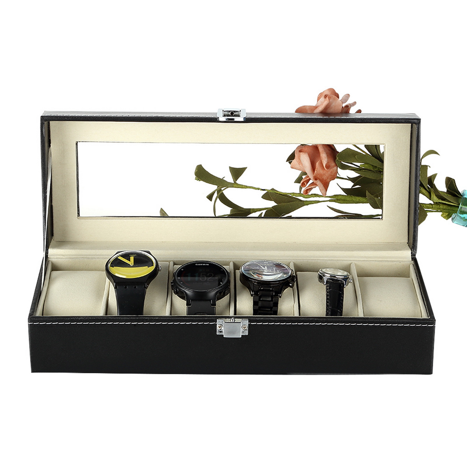 TEMU Uten Watch Box 6 Slots, Watch Case With Glass Lid, Watch Display Storage Box For Men And Women, Removable Watch Pillows, Pu Leather