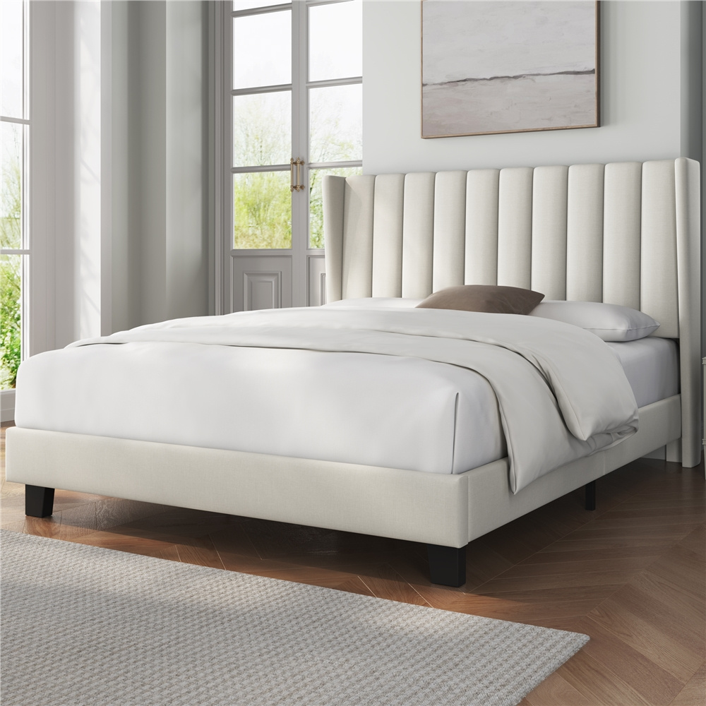 Costoffs Double/King Size Bed Frame Upholstered Platform Bed with Channel Tufted Headboard & Wing Side, Mattress Foundation, Sturdy Wooden Slat Support, No Box Spring Needed, Noise-free, Beige/Dark Grey