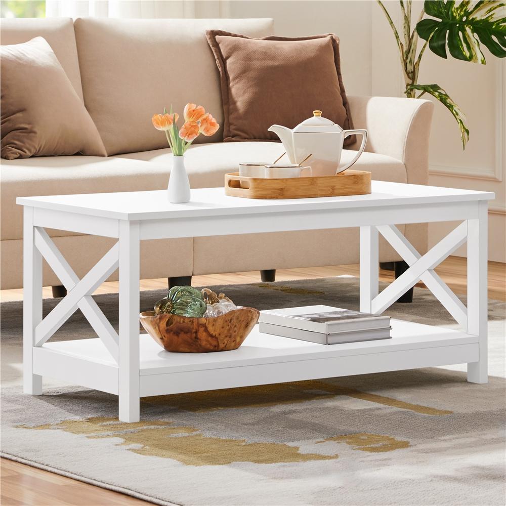 Costoffs X-shaped Frame 2-tier Coffee Table With Storage Shelf Side Table Sofa Table With Wide Table Room Table