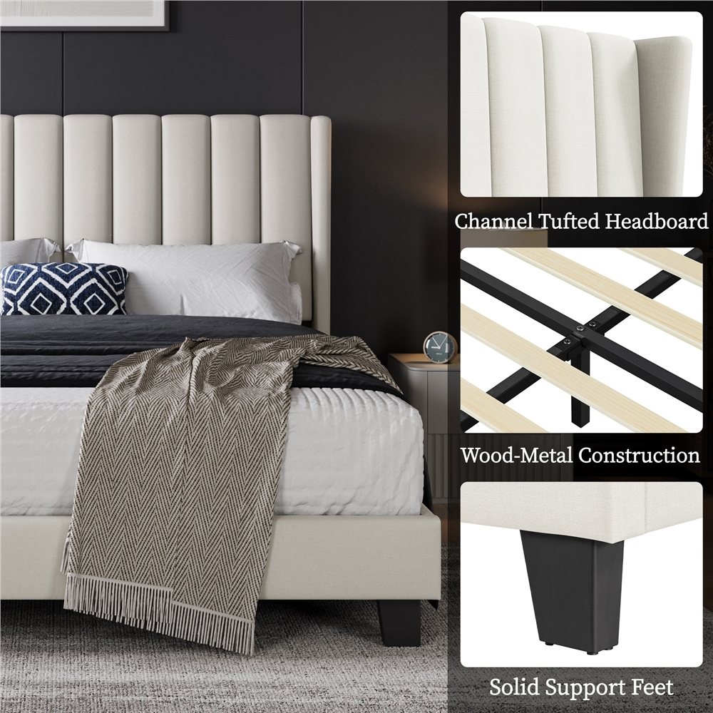 Costoffs Double/King Size Bed Frame Upholstered Platform Bed with Channel Tufted Headboard & Wing Side, Mattress Foundation, Sturdy Wooden Slat Support, No Box Spring Needed, Noise-free, Beige/Dark Grey