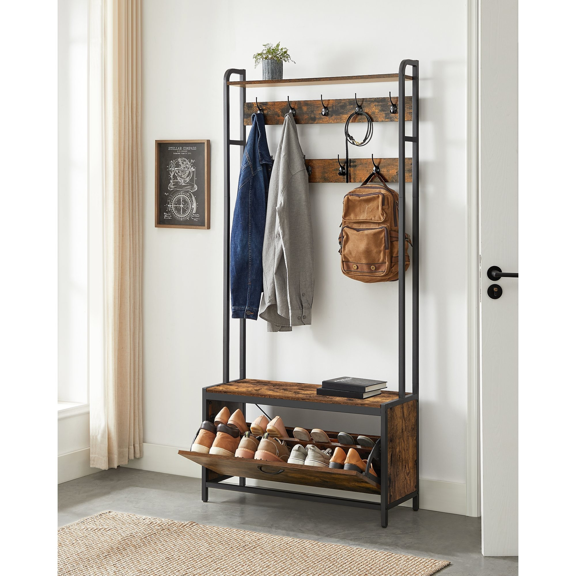 TEMU Vasagle Coat Rack With Shoe Cabinet, Coat Rack With Bench, Clothes Rack, Shoe Rack, 9 Hooks, Top Shelf, For Hall, Bedroom, , -black, Oak White