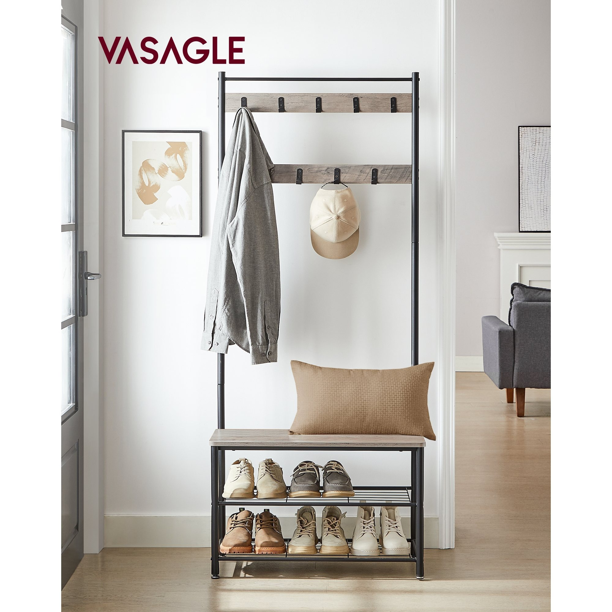 TEMU Vasagle , Coat Rack With Shoe Racks, , Shoe Rack With Seat For , With Hooks, 3 Shelves, And Metal, Vintage, Dark Brown, Gray And Black
