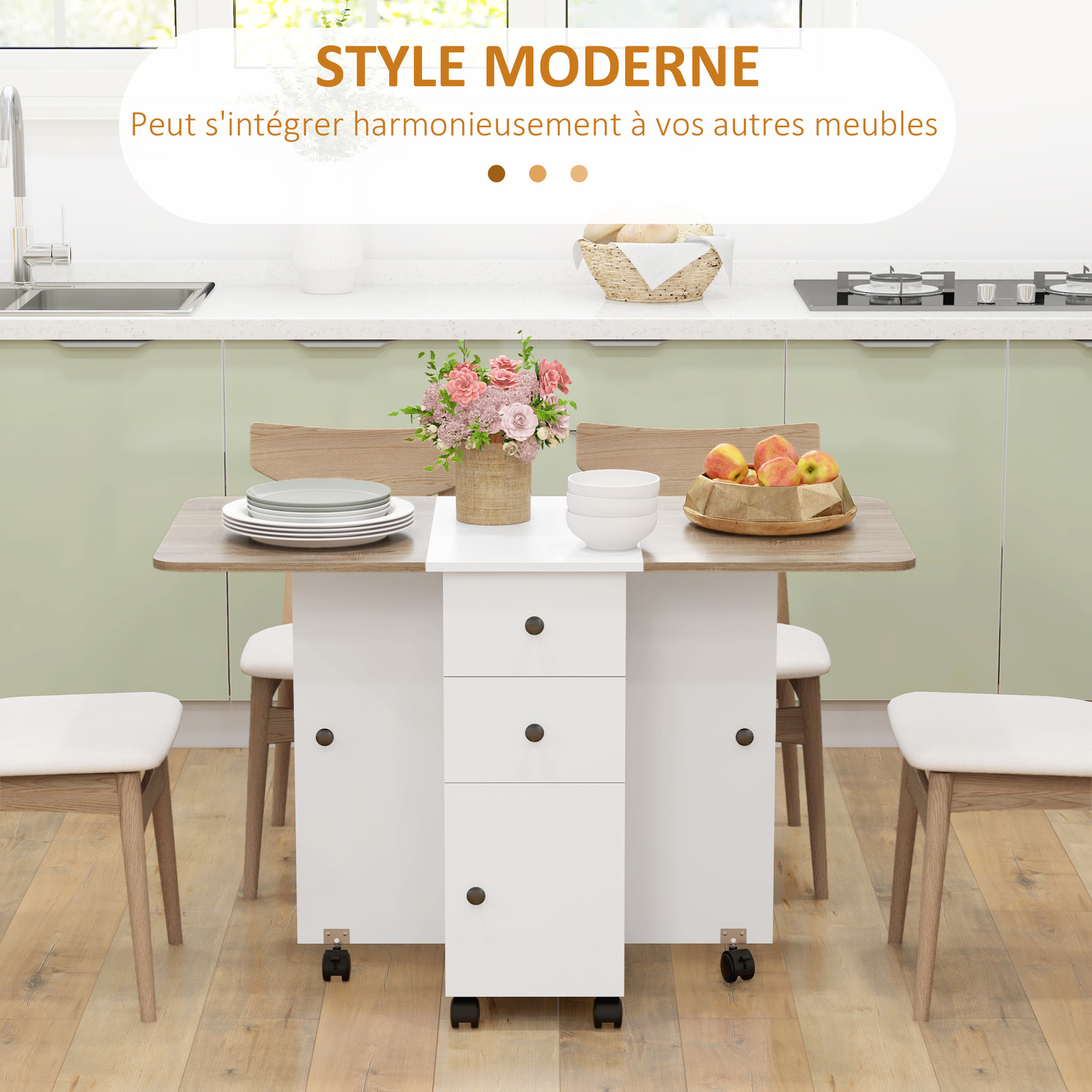TEMU HOMCOM Table de cuisine pliable table à manger pliante 2 plateaux rabattables avec 2 tiroirs 1 placard et 1 étagère de rangement 120 x 60 x 76,5