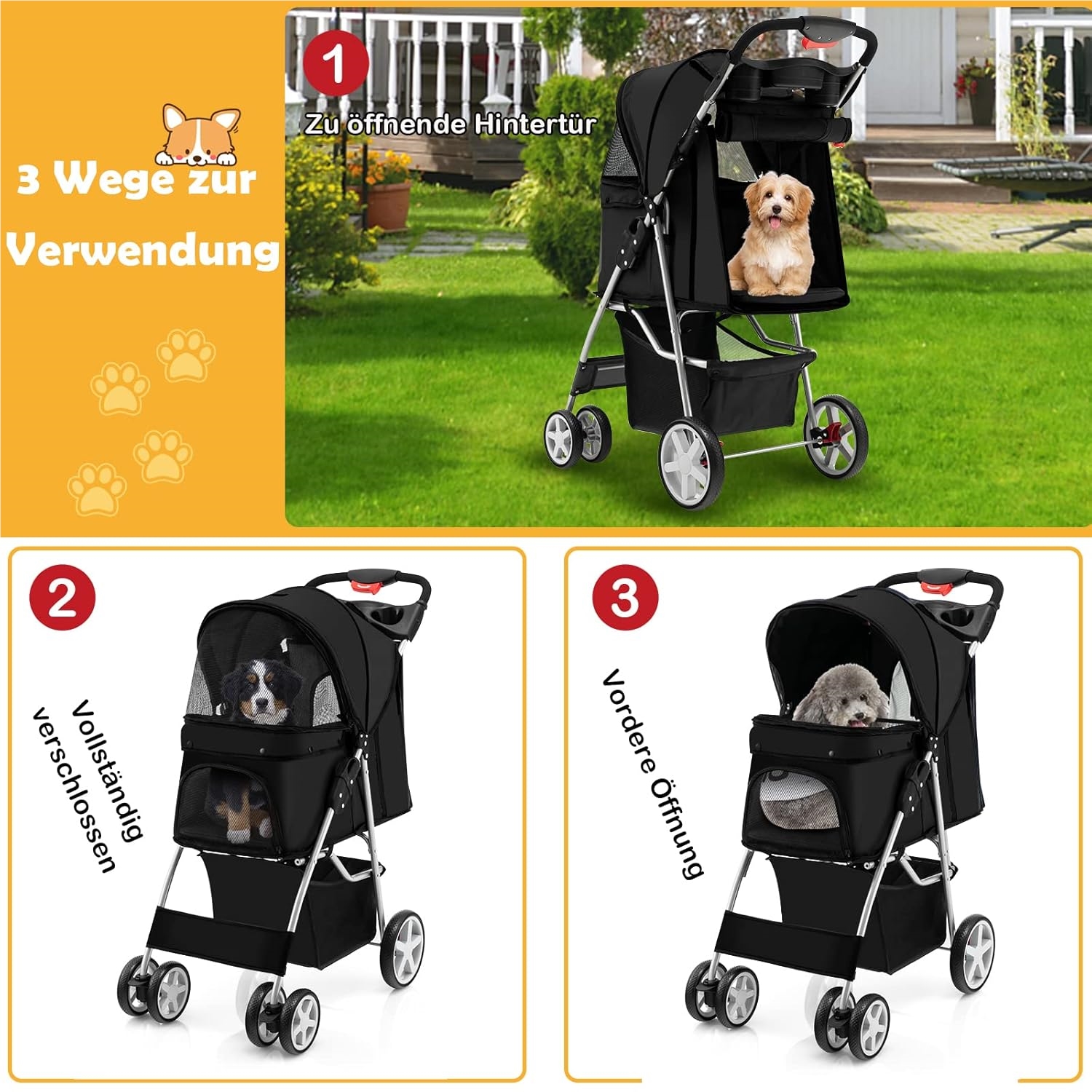 Dog Stroller Pet Stroller For Pets Up To 15 Kg, Dog Stroller With Mesh Windows & Cup Holder And Trailer, Cat Stroller For Small Dogs
