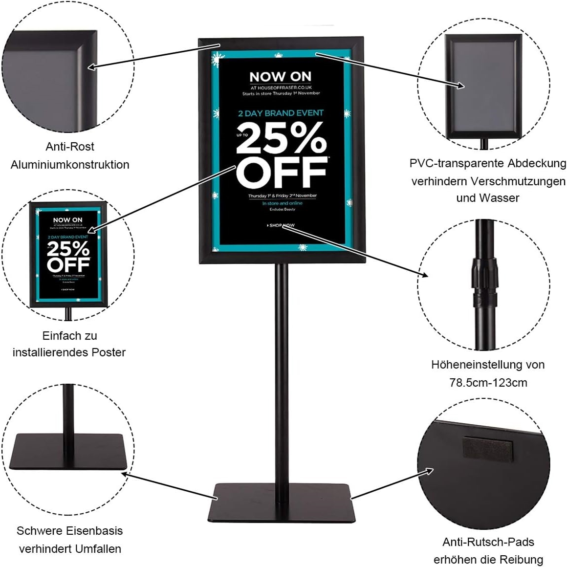 Image of 360 Degree Rotatable A3 Poster Stand, Height Adjustable 78.5-123cm, Aluminum Alloy Frame, Stainless Steel Tube, A3 Display Stand For Indoor And Outdoor Use, Black