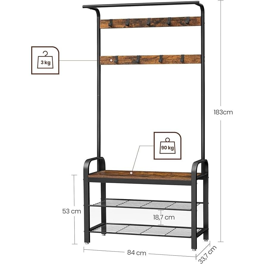 TEMU Vasagle Coat Rack, Wardrobe, Entryway Furniture, With Removable Hooks, Bench And Shoe Rack, Height 183 Cm, Metal Frame, Industrial Style, Rustic