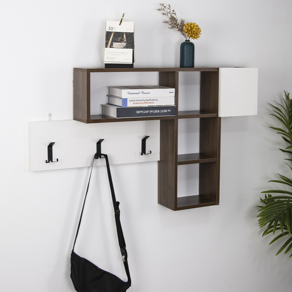 TEMU BAKAJI Appendiabiti Attaccapanni da Parete Muro con 9 Ganci Appendi Abiti e Scaffale 3 Ripiani Portaoggetti In Legno MDF Design Moderno