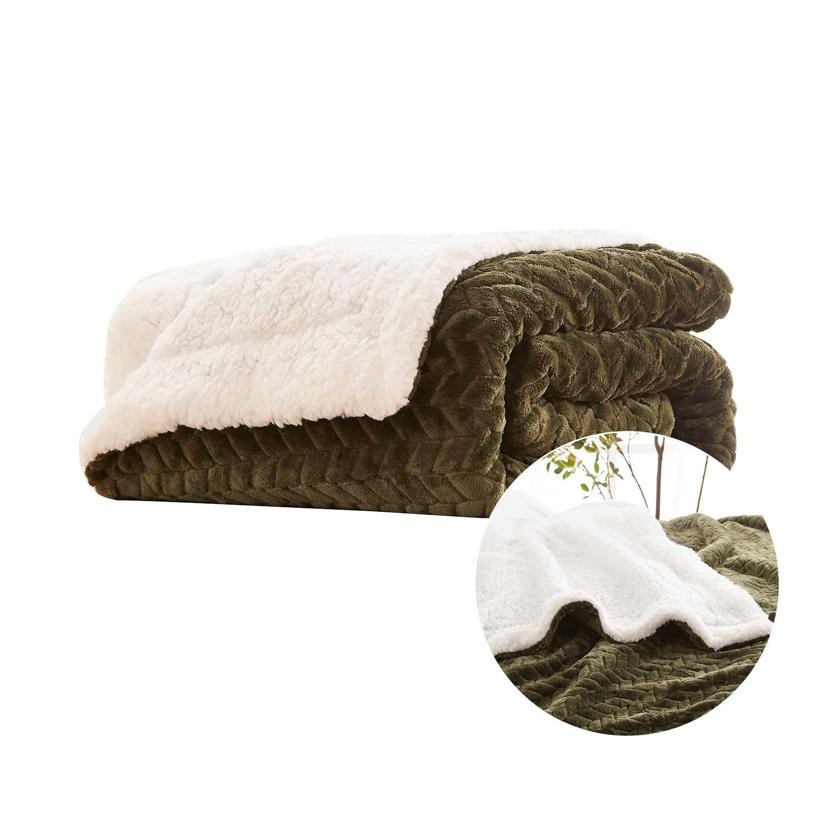 Image of Sunstyle Home Sherpa Fleece Blanket Full Teal Soft Cozy Plush Fluffy Flannel Thick Blanket Leaf Jacquard Luxury Winter Warm Reversible Blankets For Couch Sofa Bed 125x 150 Cm