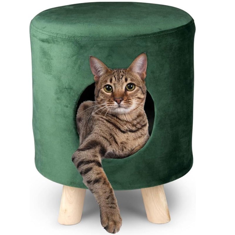 Image of Bakaji Cat Stool With Soft Padded Cushion, Cat Shelter With Comfortable Seat And Wooden Feet, Pouf Armchair With Green Velvet Covering For Cat And Pets, Max Weight 80kg, Dimensions 33 X 44 Cm