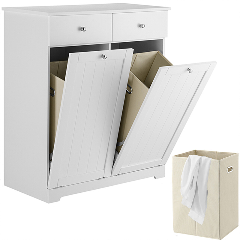 TEMU Bakaji Mobile Bathroom Furniture White 2-door Cabinet With Laundry Basket, Wooden Laundry Cart With 2 Drawers, 15 Kg Capacity Per Compartment