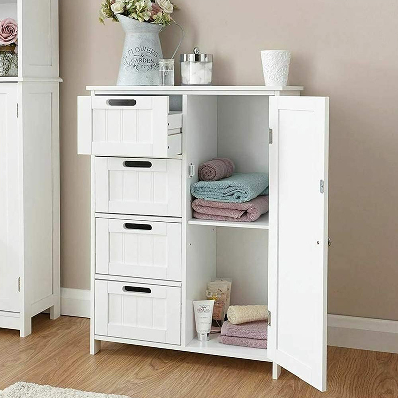 TEMU BAKAJI Mobile da bagno con 4 cassetti e 1 Anta, Armadietto in legno Salvaspazio dal Design Elegante, Mobiletto con ripiano regolabile anche in