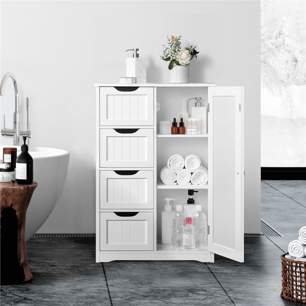 E-shop Costoffs Badezimmerschrank Schmaler Badeschrank Badkommode mit 4 Schubladen und höhenverstellbarem Einlegeboden Unterschrank Beistellschrank für