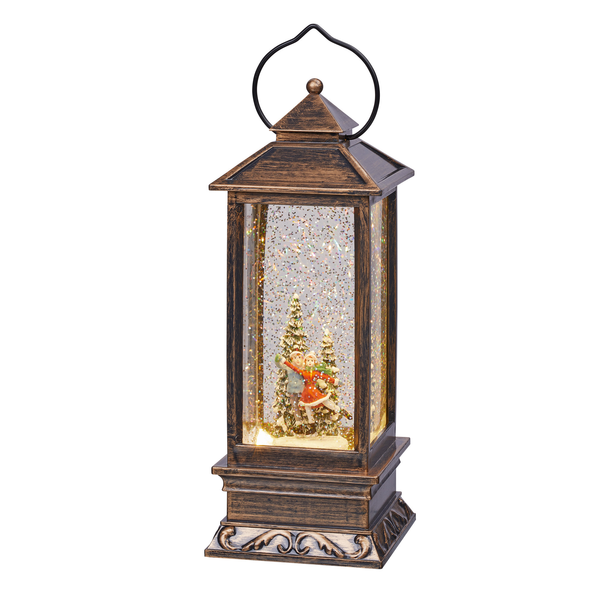 E-shop Hellum LED-Wasser-Turm-Laterne mit Eislaufpaar für innen, Höhe 31cm, 1warm-weiße LED, mit Batteriebetrieben, 3xAA (nicht inklusive), 524345