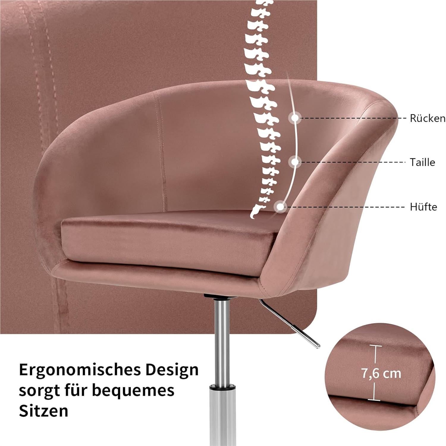 Image of Accent Chair Height Adjustable, Upholstered Chair 360° Rotatable, Dining Chair Loadable Up To 120kg, Velvet Swivel Chair Pink