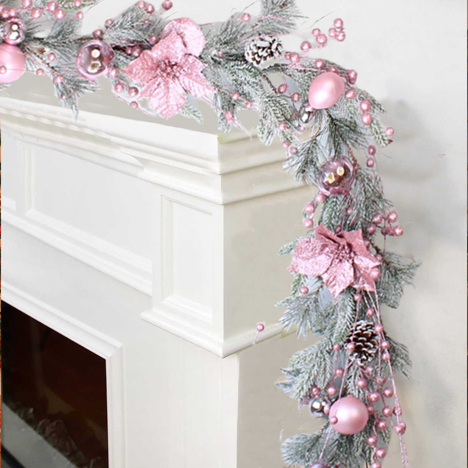 TEMU 1pc 6ft/180cm Christmas Garlands, Pink Garlands Christmas Wreath Fireplace Decoration With Pinecones Berries Flower For Stairs Tree Door Table