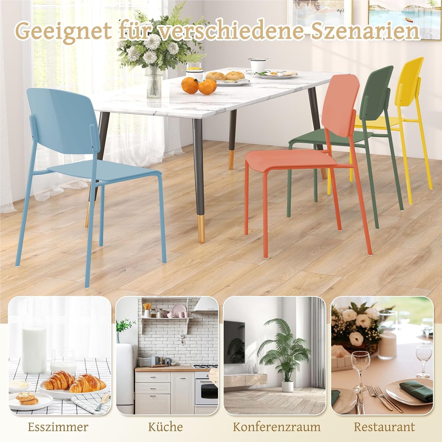 Image of Dining Chair Set - Set Of 4 Chairs, Kitchen Chairs With Backrest, Wide Pp Seat And Metal Legs, Stackable Kitchen Armchairs For Dining Room, Living Room, Office Colorful