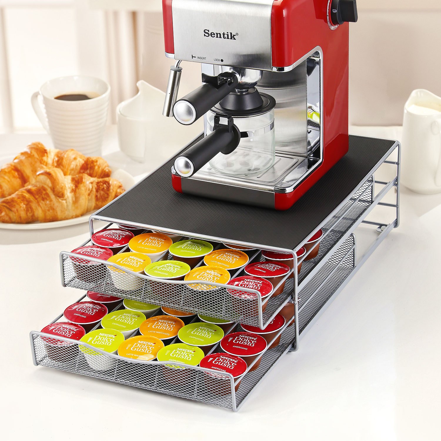 TEMU & Brown 2 Tier Coffee Machine Stand & 72 Capsule Pod Holder With Sliding Storage Drawer Organiser Non Slip Surface For & Capsules