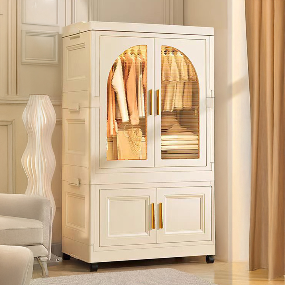 TEMU 1pc Modern Foldable Storage Cabinet With Wheels And Clothes Hanging Rail, Multipurpose Freestanding Plastic Wardrobe Closet Organizer With
