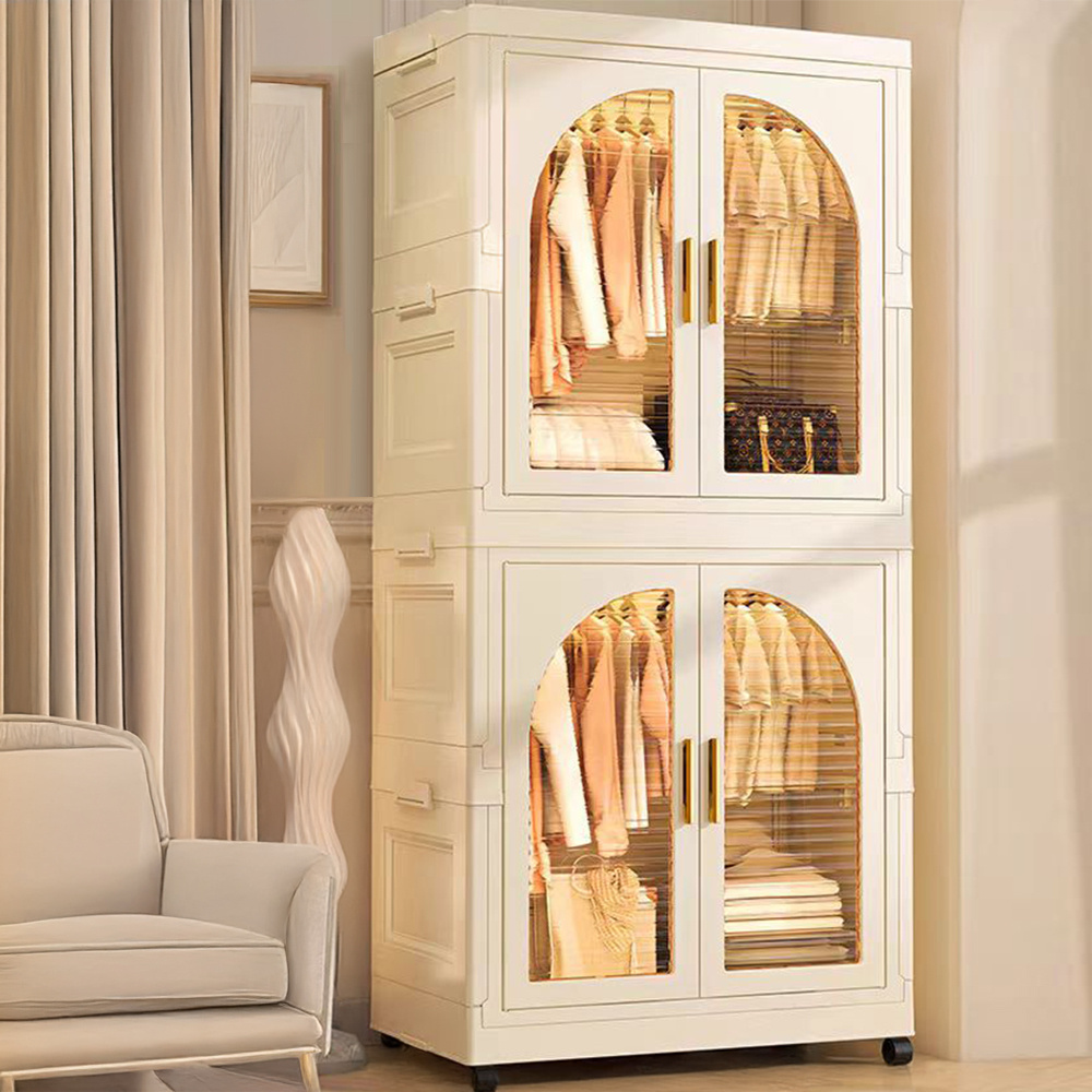 TEMU Versatile Foldable Storage Cabinet Front , Portable Closet Wardrobe With Wheels And 2 Hanging Rods, Collapsible Clothes Cabinet Storage Boxes