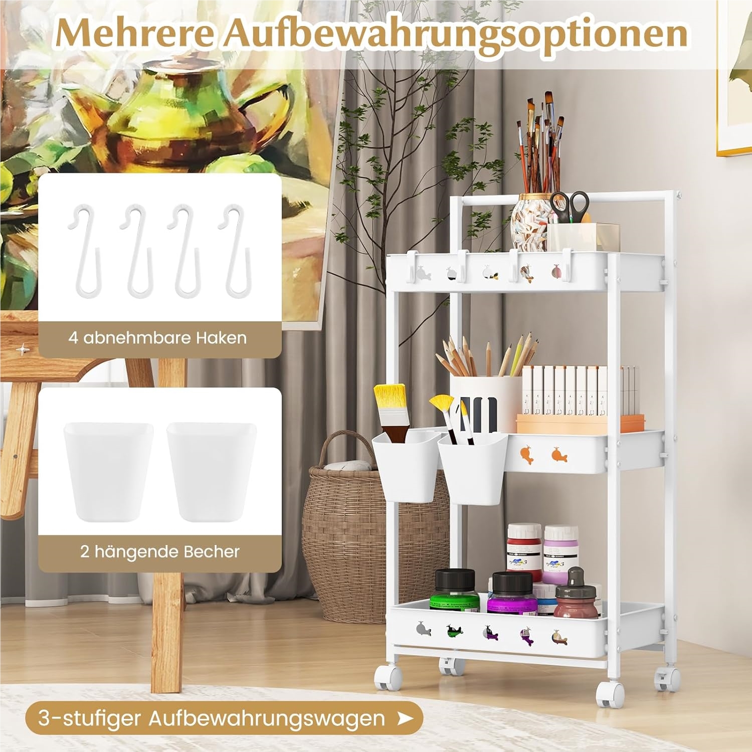 3-tier Serving Trolley, Serving Trolley With Wheels, Kitchen Trolley With 2 Hanging Cups, 4 Hooks And Handle, Trolley For Kitchen, Living Room, Bedroom
