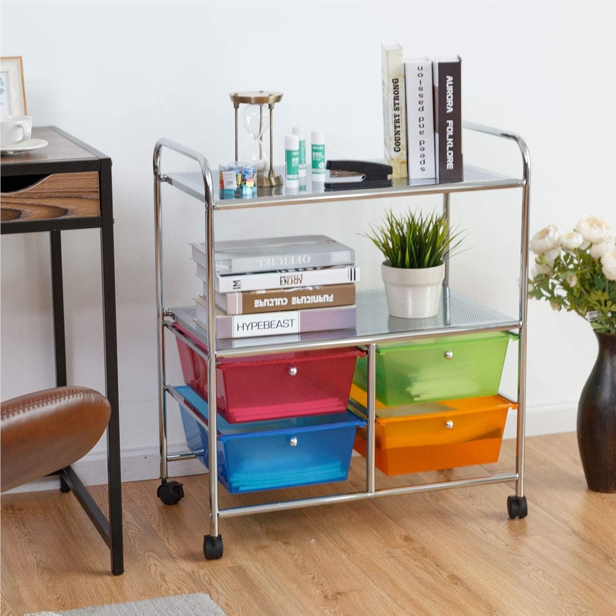 Trolley With 4 Stackable Drawers, Drawer Trolley Roll Container With Metal Frame And Storage Shelves, Bathroom Trolley Storage Trolley For Office, Living Room