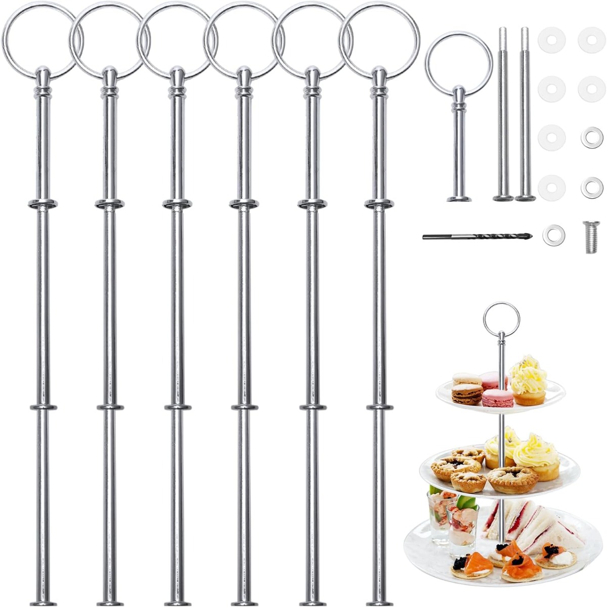 TEMU 3 Tiered Etagere Rods Set, 6 Pieces Metal Etagere Rods Silvery With Drill, Etagere Rods For Cake Cupcakes Macarons Donut Muffin And Fruit (plate Not Included) (silvery)