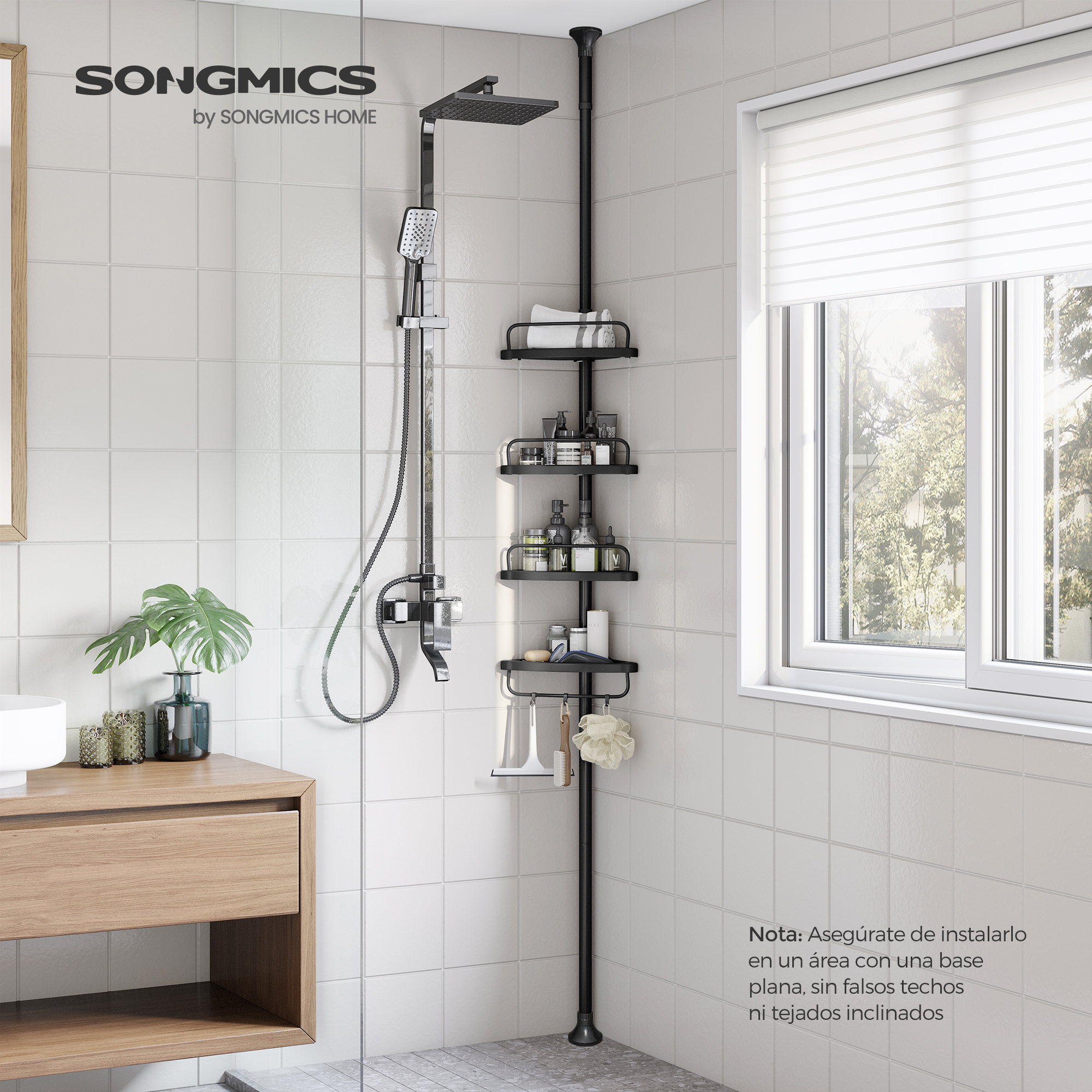 TEMU Songmics Shower Shelf, 85-305 Cm Height Adjustable, Bathroom Shelf With 4 Drawers, Shower Corner, No Drilling Required, White