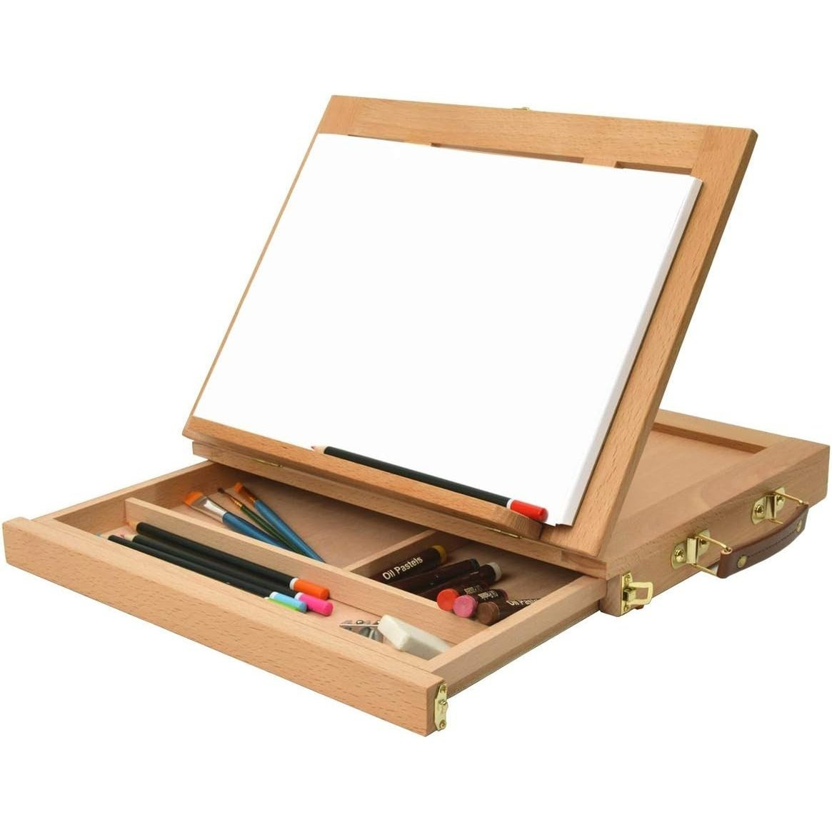 TEMU Caballet de madera portátil mejorado con compartimentos de almacenamiento, soporte de madera ajustable con cajón para libros, tableta y portátil
