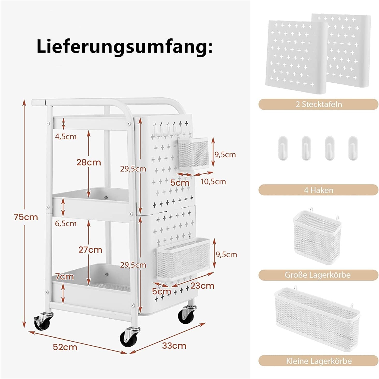 Image of 3-tier Cart, Kitchen Cart With 2 Perforated Plates, Metal Cart On Wheels, Kitchen Cart With 4 Hooks And 2 Baskets And Handle, Kitchen Serving Cart, White Storage Cart
