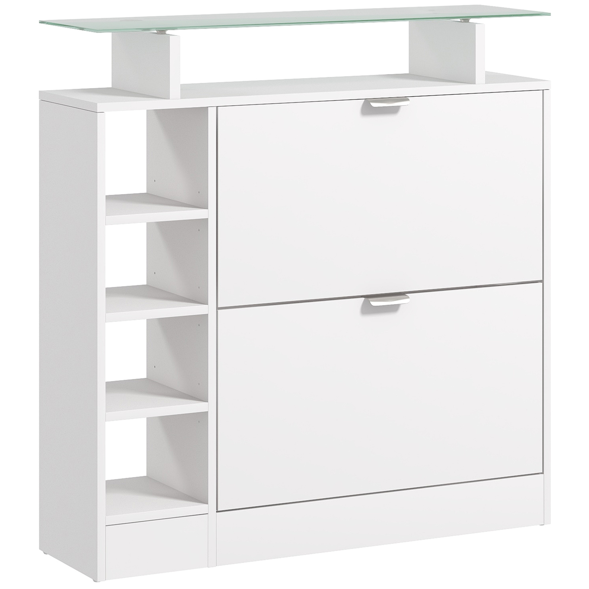 Image of Modern Homcom Shoe Cabinet With 2 Folding Drawers For 12 Pairs, Shoe Cabinet With Glass Top And Adjustable Shelves, 89 X 25 X 92 Cm, White, Shoes Organizer Storage